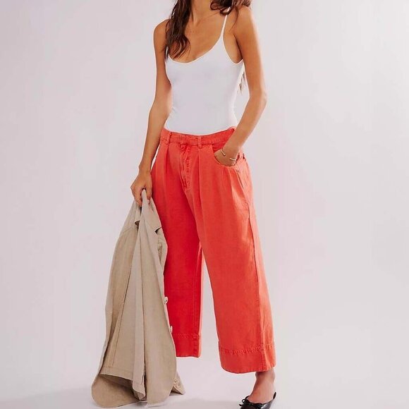 Free People Sweet Talk Chino Trousers Pants Mid-Rise Wide Leg Pleated XS 278165
